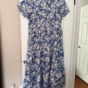 Anthropologie Somerset Maxi in Ivory Blue Floral Tiered Cotton Dress 2X